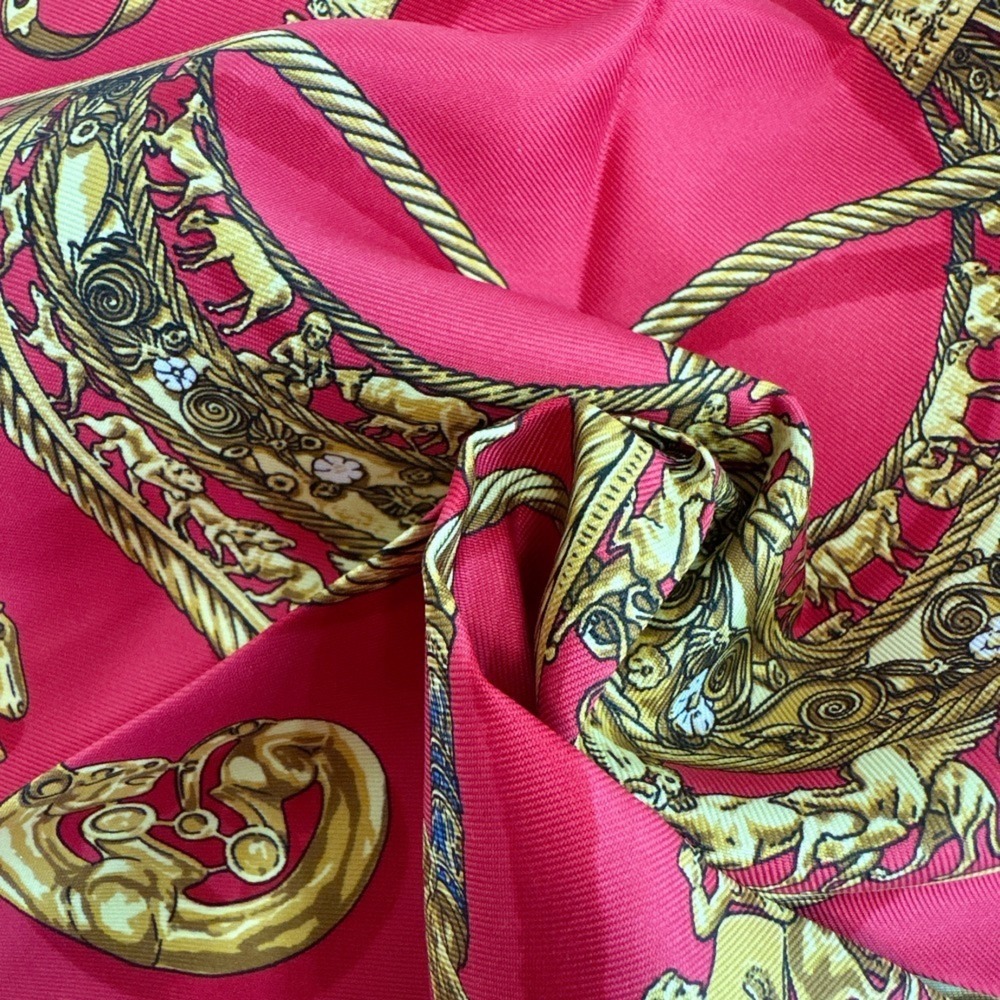 HERMES Carre 45 Handkerchief, Golden Knight design, Scarf/Muffler, Red